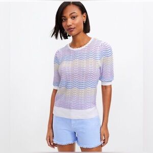 LOFT Striped Pointelle Puff Sleeve Sweater Tee Sz. XS